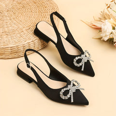 Rhinestone Bow Low Heel Slingback Sandals