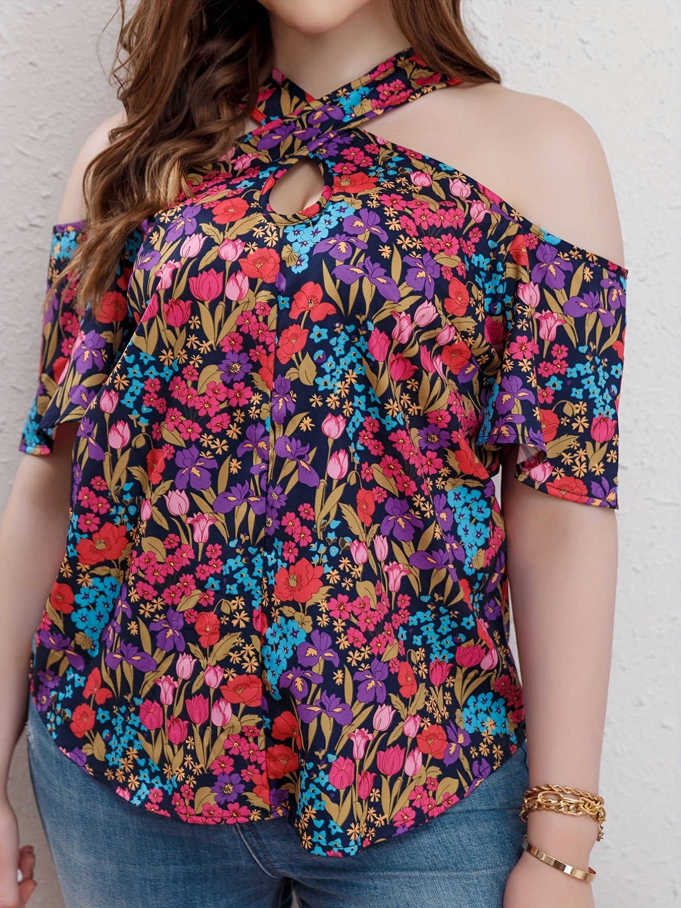 Allover Floral Print Cold Shoulder Cross Neck Top