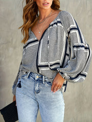 Colorblock Geometric Print Lantern Sleeve Blouse