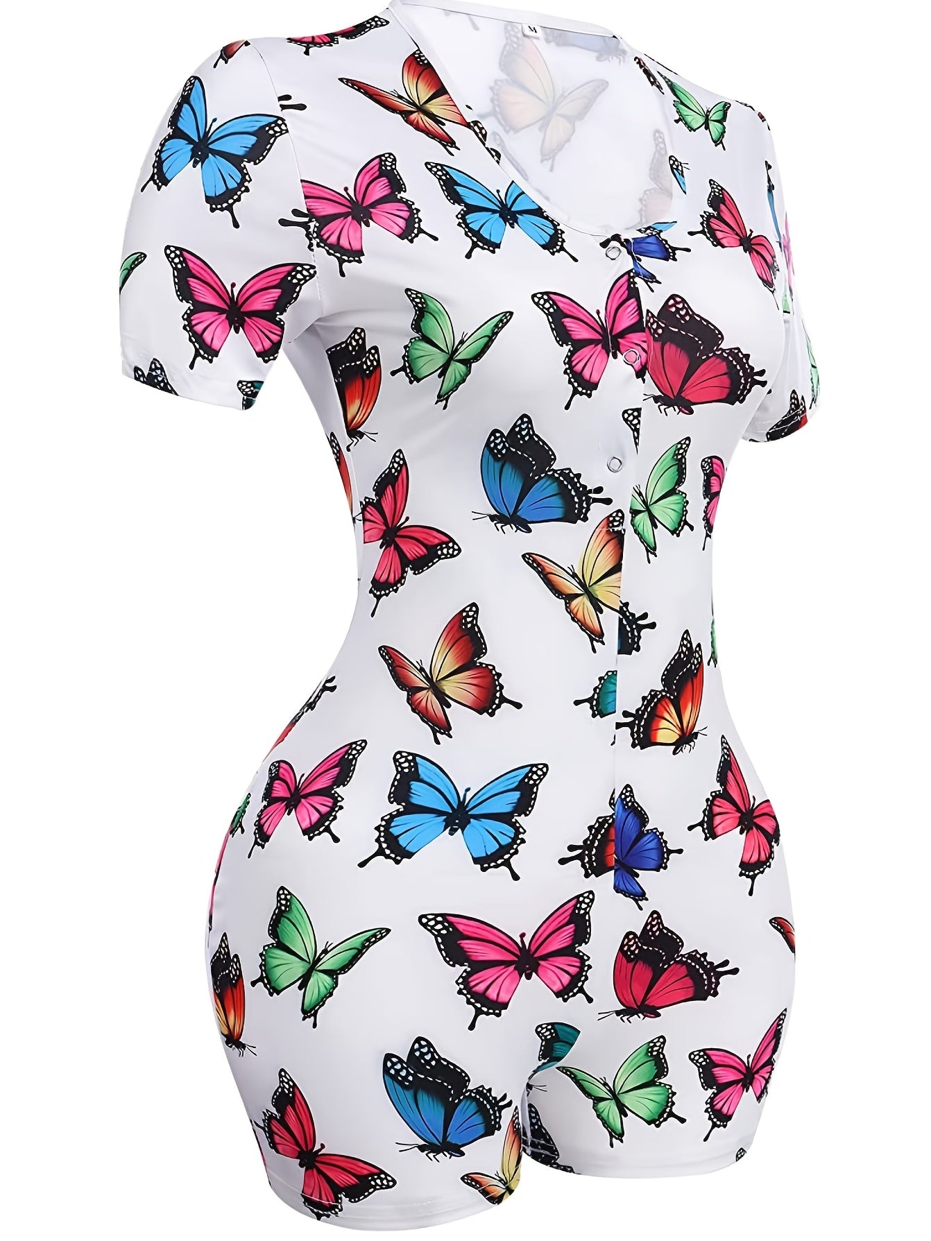 Colorful Butterfly Print Lounge Bodysuit Short Sleeve Romper