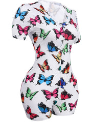 Colorful Butterfly Print Lounge Bodysuit Short Sleeve Romper