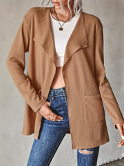 Textured Open Front Cardigan Dual Pockets Long Sleeve Cardigan