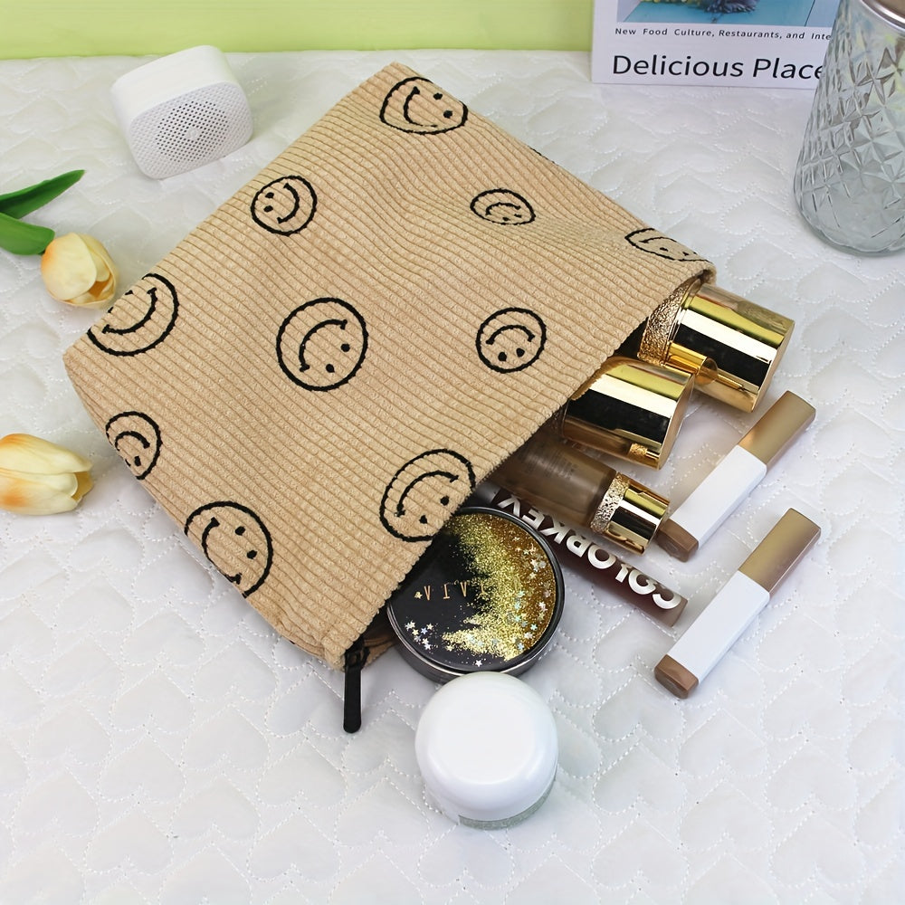 Smile Face Cosmetic Bag Corduroy Large Capacity Makeup Bags For Women