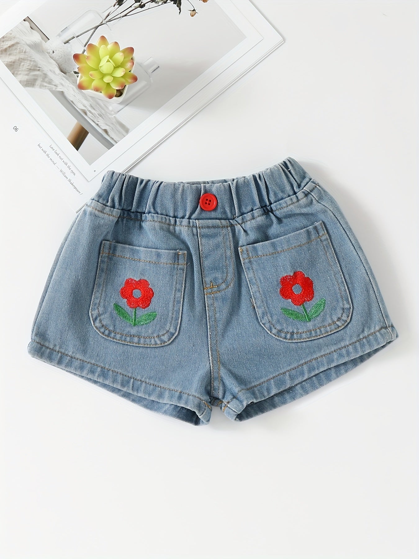 Toddler Girls Flower Embroidered Shorts Elastic Waist Button Casual Denim