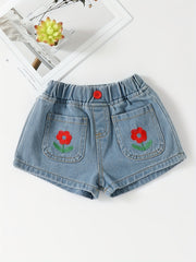 Toddler Girls Flower Embroidered Shorts Elastic Waist Button Casual Denim