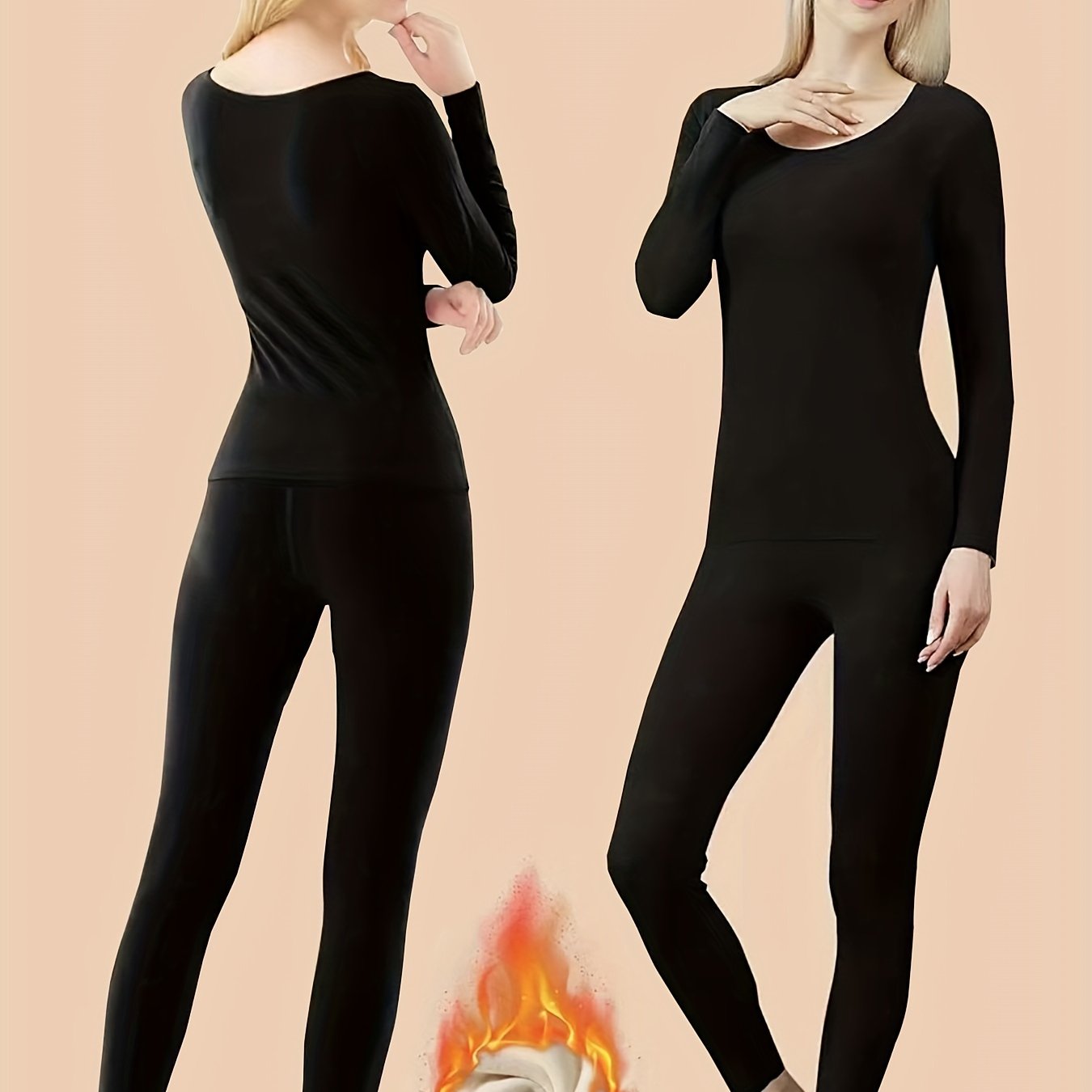 2pcs Thermal Underwear Set Long Sleeve Top & Leggings Suit Women's Activewear
