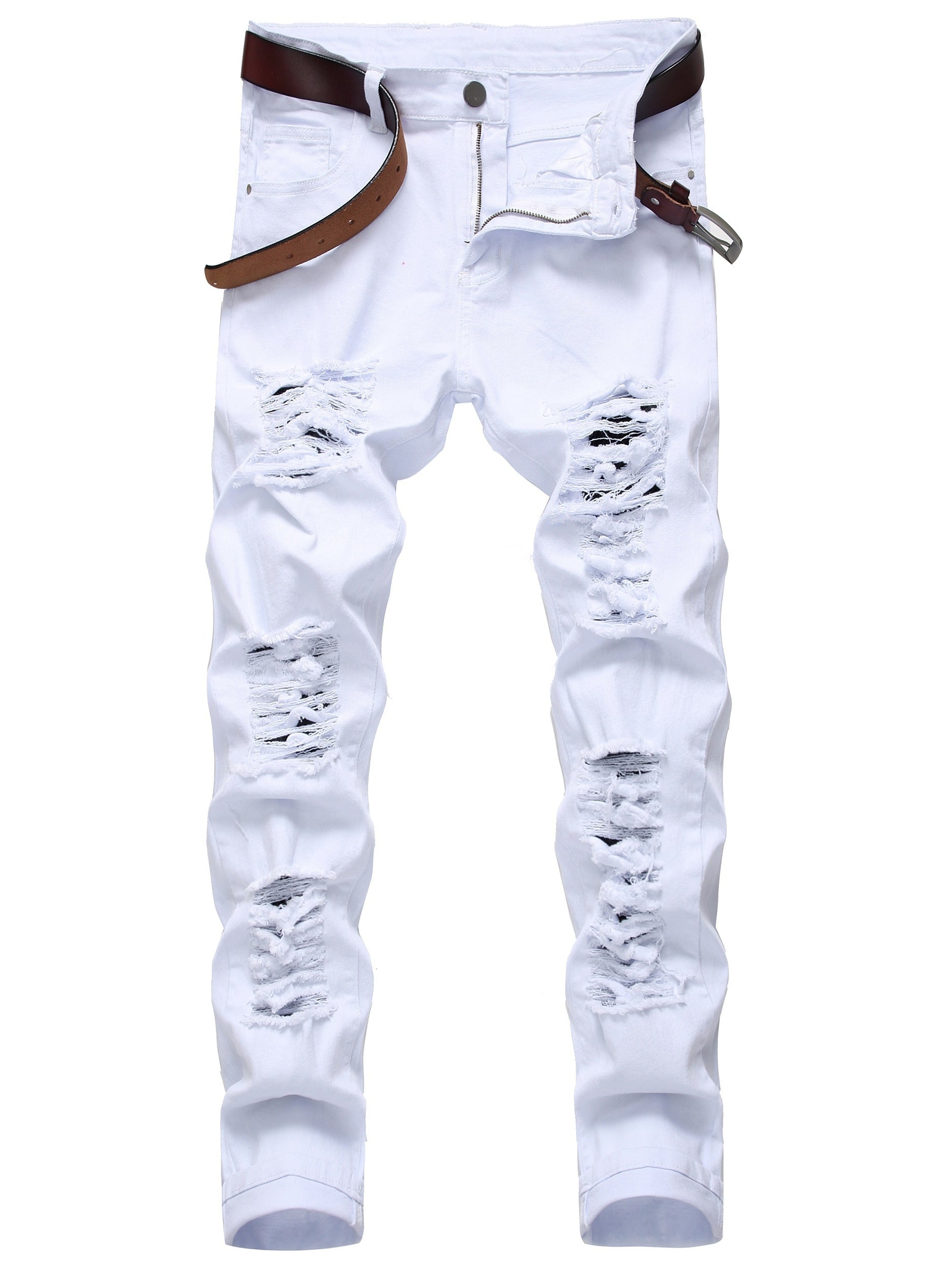 Mens Ripped Straight Denim Jeans Regular Wash With Pockets