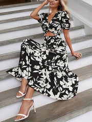 Floral Print Twist Front Dress V Neck Casual Short Sleeve
