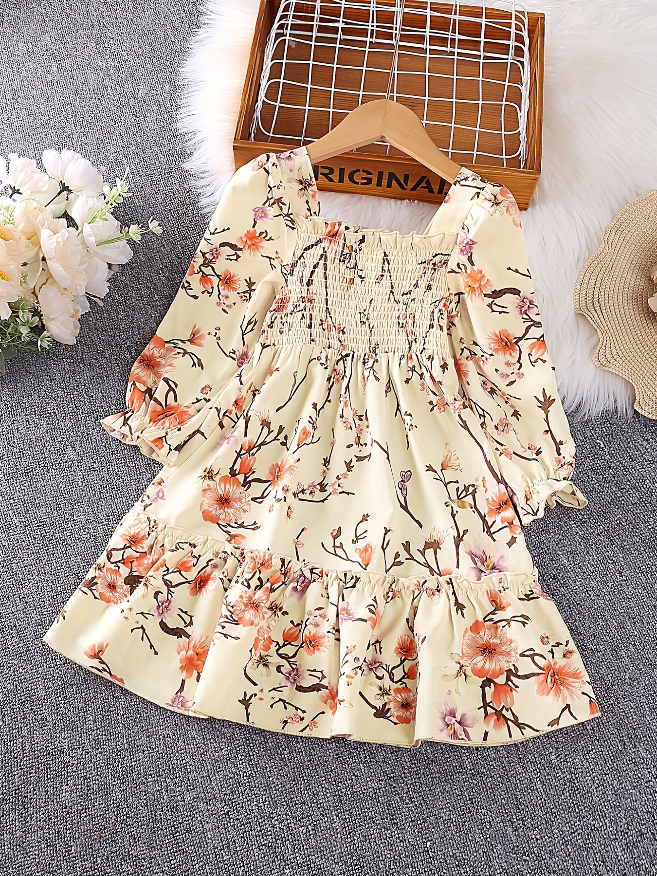 Girls' Smocked Long Sleeve Dress w/ Flower Print