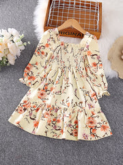 Girls' Smocked Long Sleeve Dress w/ Flower Print
