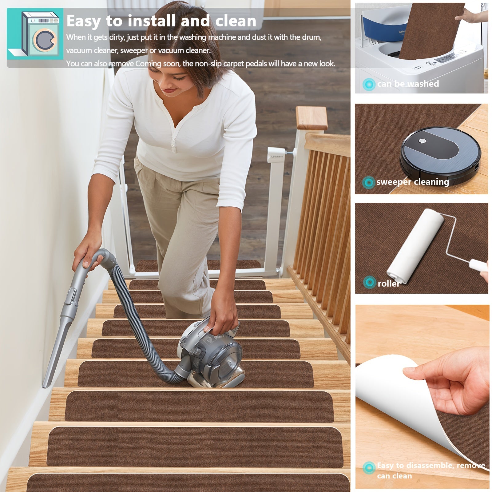 15pcs Non Slip Stair Rugs Adhesive Soft Washable Stair Carpet Runner Hall Living