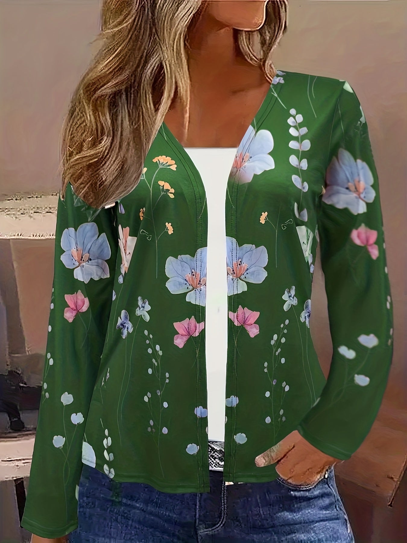 Floral Print Open Front Cardigan Long Sleeve - Women's Clothing