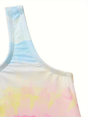 Girls Gradient Tie Dye Ruffle Trim Swimsuit