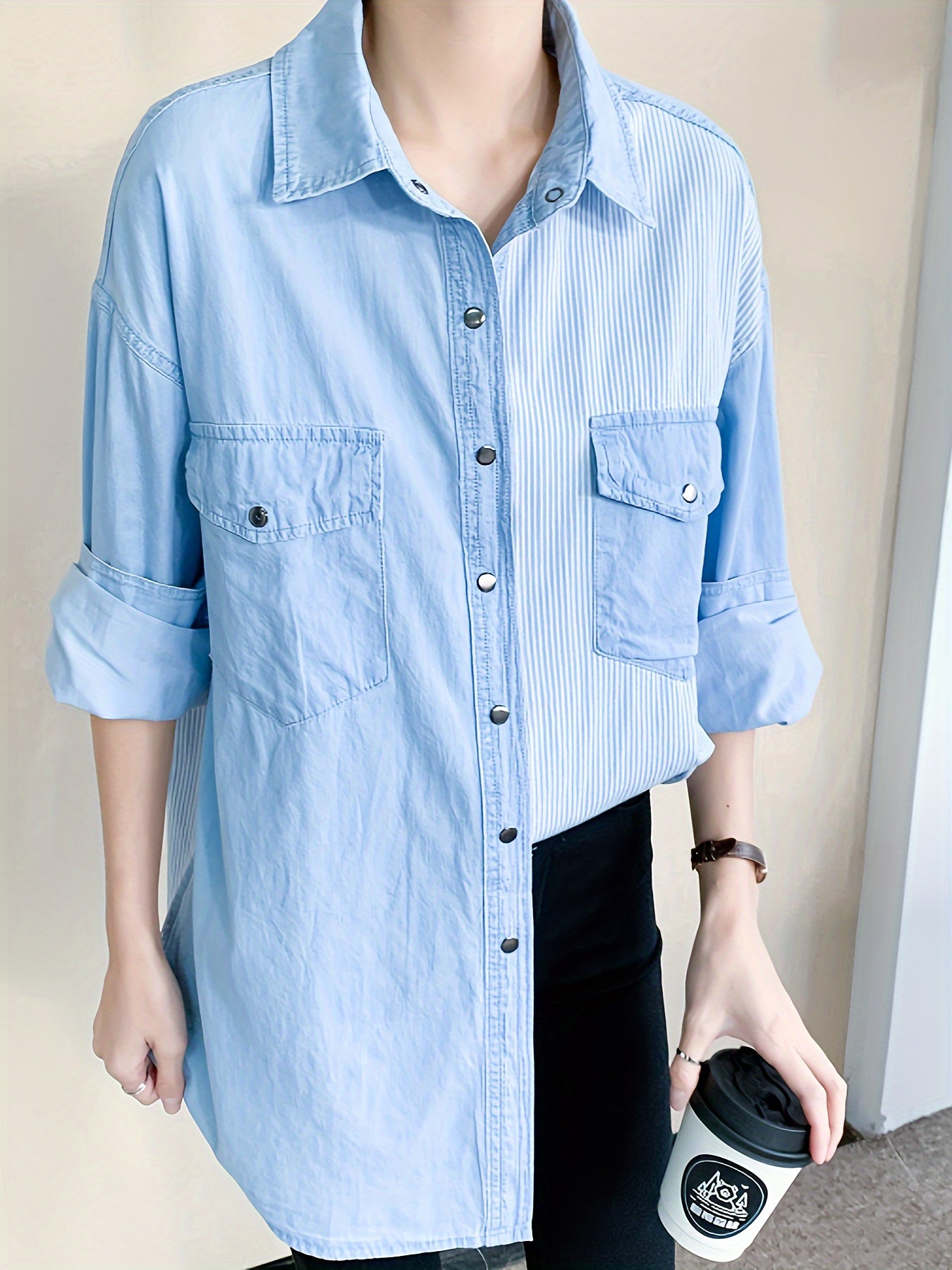 Colorblock Button Up Long Sleeve Denim Shirt