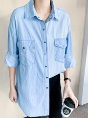 Colorblock Button Up Long Sleeve Denim Shirt