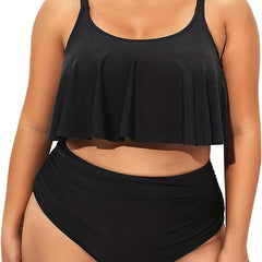 Solid Ruffle Trim Tankini Set