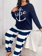 Letter & Anchor Print Tee Striped Joggers Pajamas Set