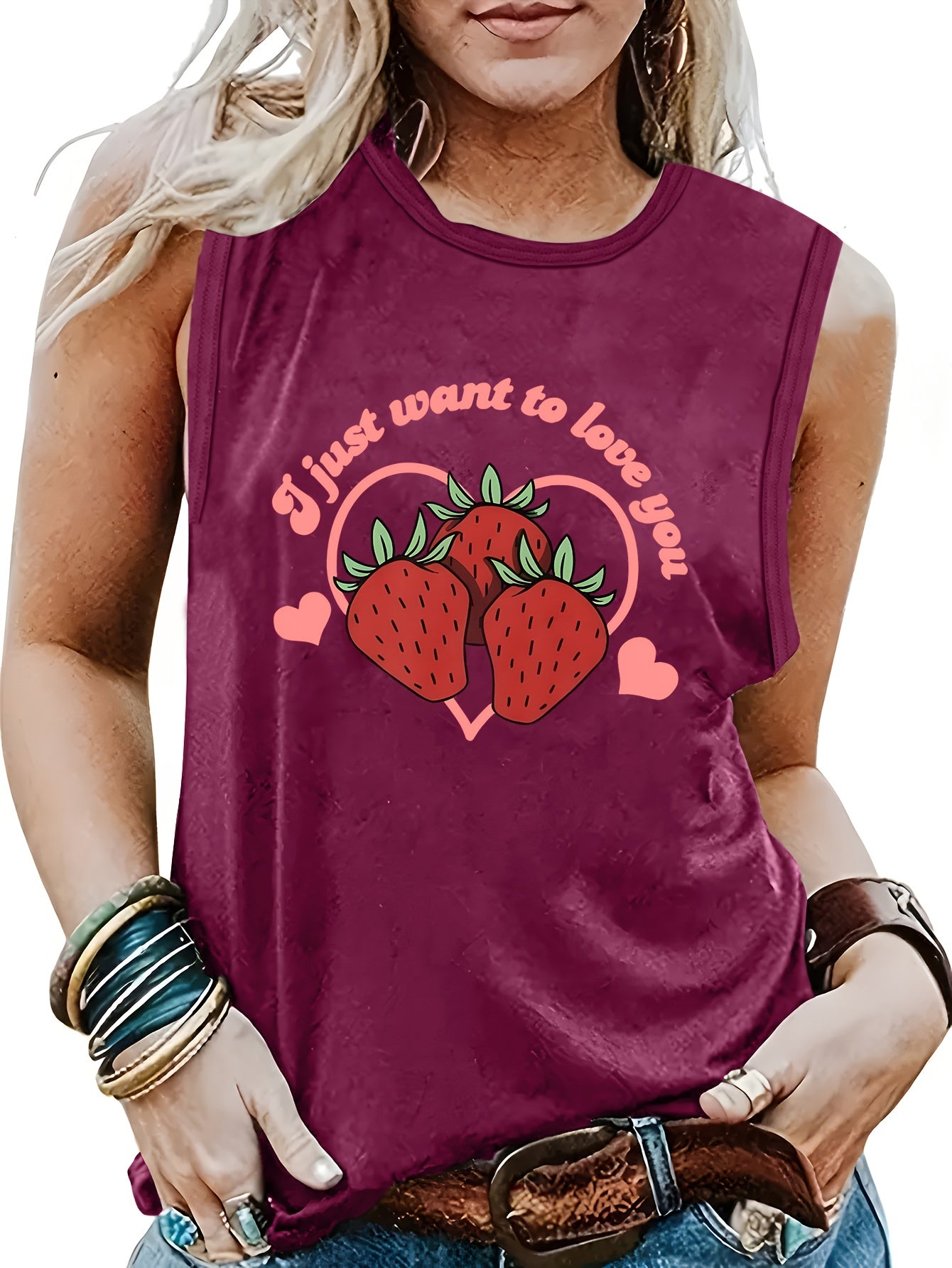 Strawberry Print Sleeveless Tank Top Summer Women's Clothing