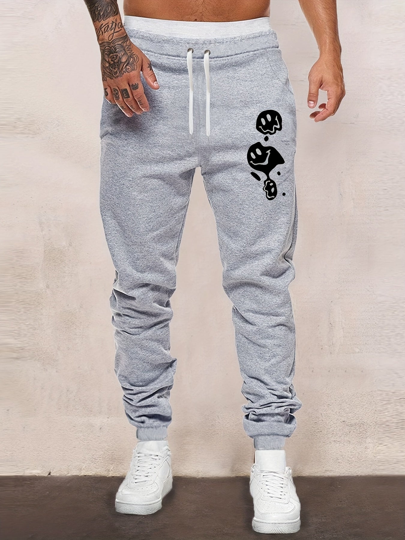 Smile Print Men's Drawstring Pocket Sweatpants Casual Comfy Jogger Pants