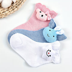3 Pairs Kids Cotton Socks Bear Solid Breathable Sweat-absorbing