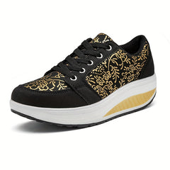 Floral Pattern Wedge Sneakers Lace Up Thick Sole Walking Shoes