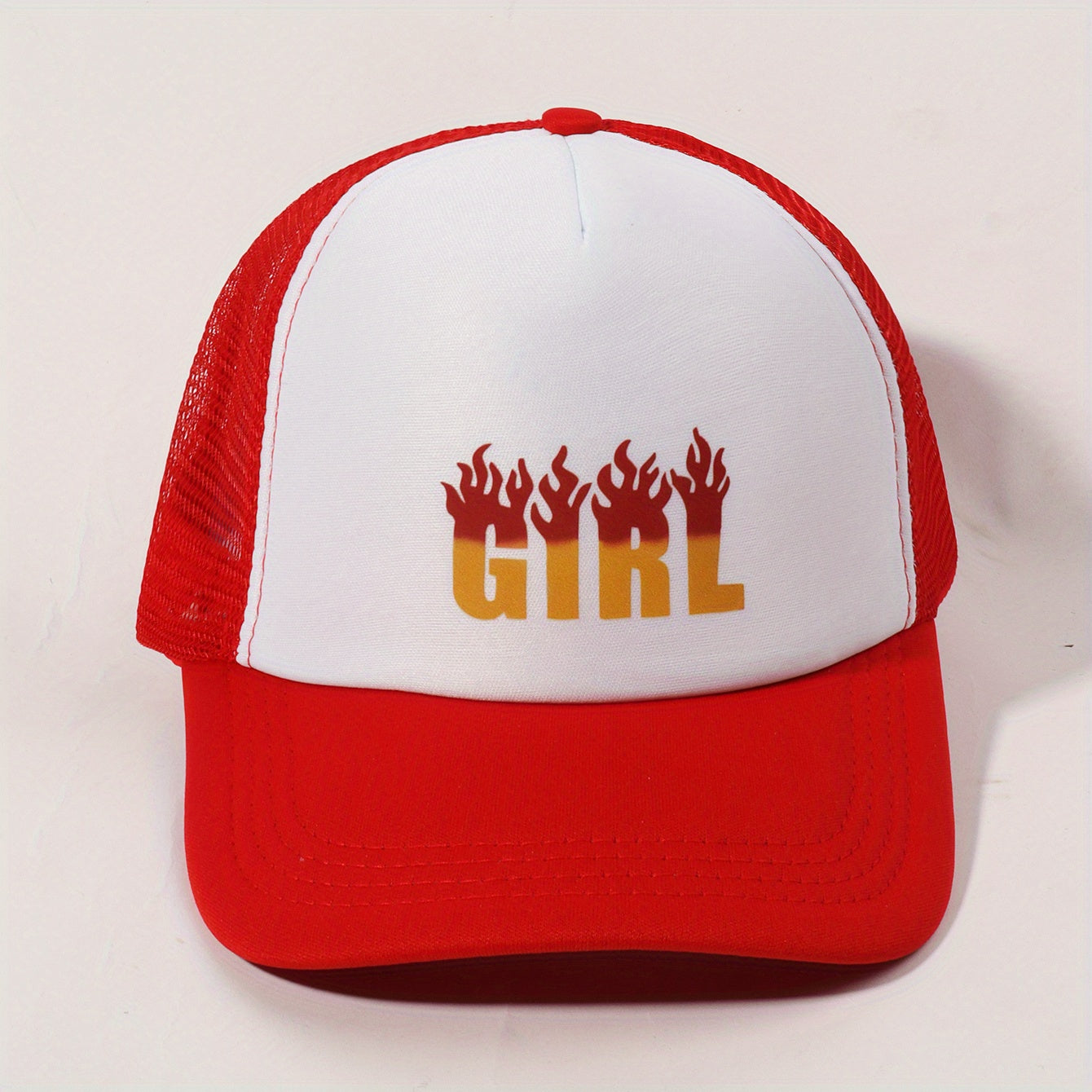 GIRL Flame Print Trucker Hat Red Baseball Cap Adjustable Mesh Dad Hat
