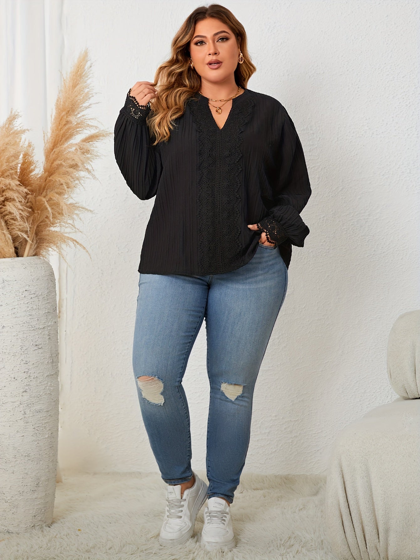 Ribbed Lace Trim Lantern Sleeve V Neck Top