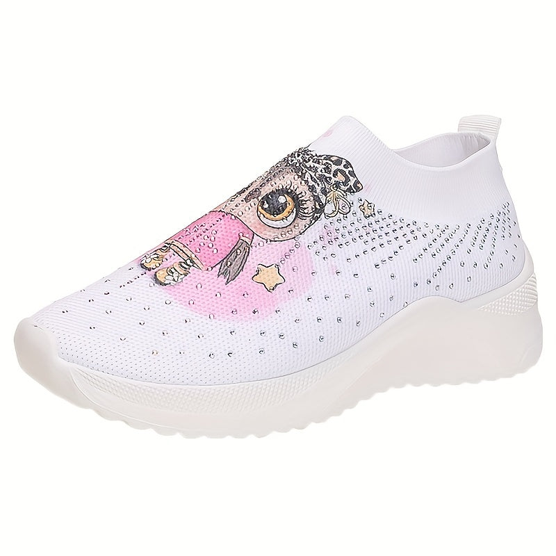 Women's Rhinestone Platform Sneakers Slip On Outdoor Shoes Cut Cartoon Print