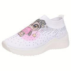Women's Rhinestone Platform Sneakers Slip On Outdoor Shoes Cut Cartoon Print