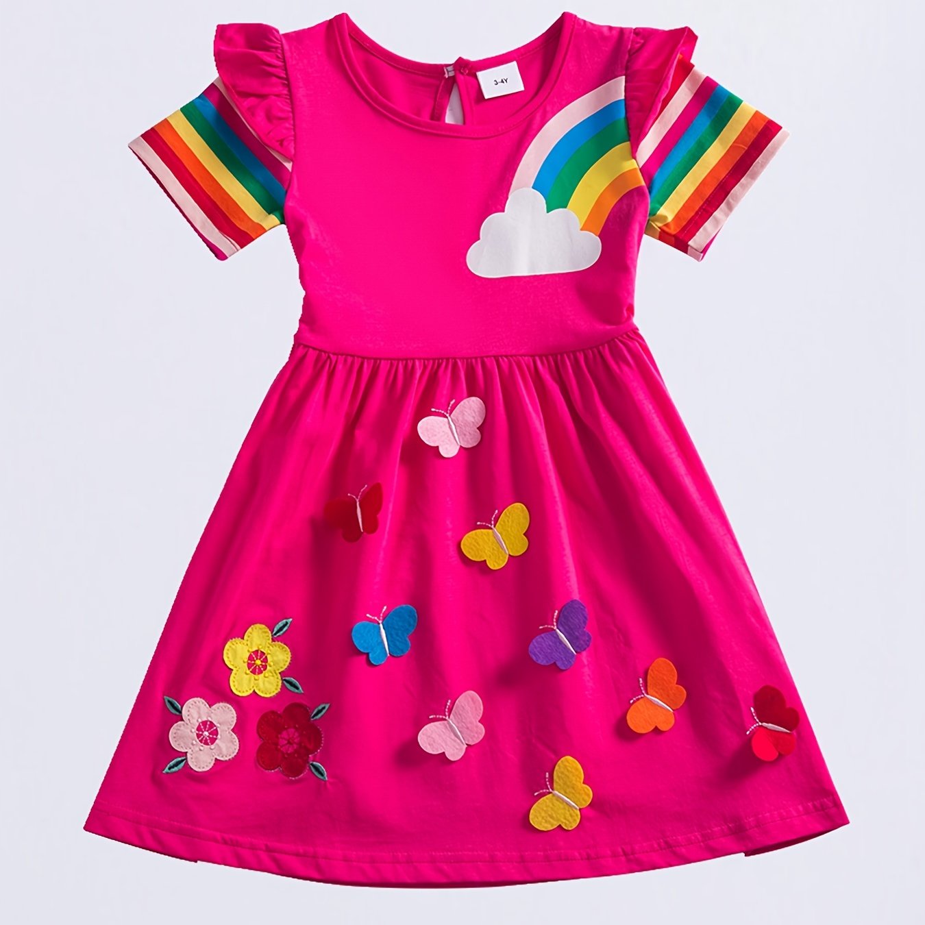 Baby Girls Short Sleeve Cotton Dress Rainbow Print Flower Embroidery Butterfly
