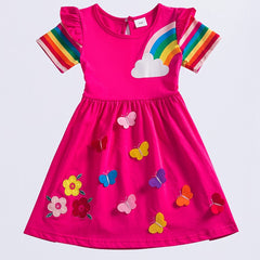 Baby Girls Short Sleeve Cotton Dress Rainbow Print Flower Embroidery Butterfly