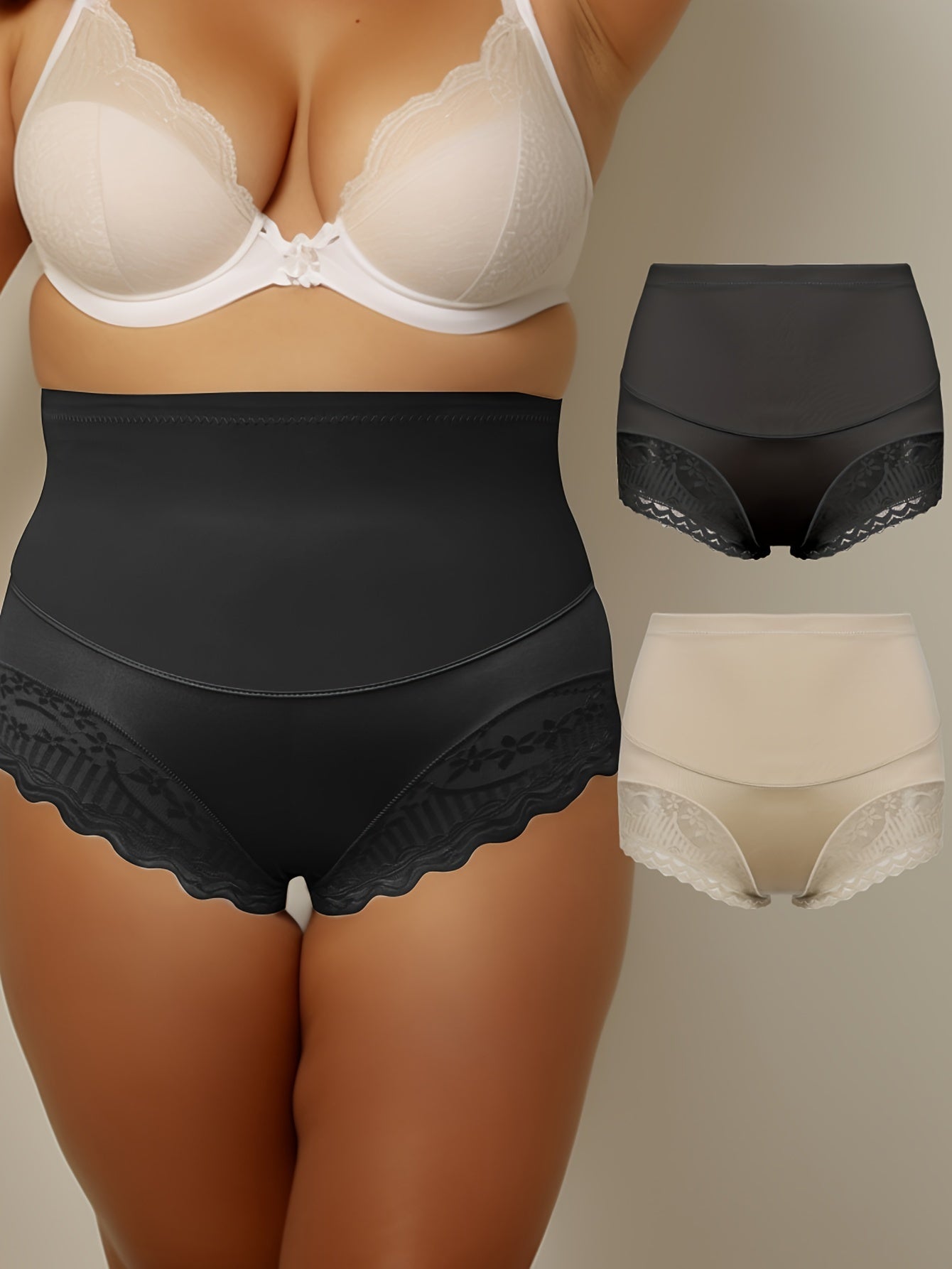 2 Pack Plus Size Panties Set Women's Plus Contrast Lace High Rise Tummy Control