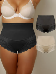 2 Pack Plus Size Panties Set Women's Plus Contrast Lace High Rise Tummy Control