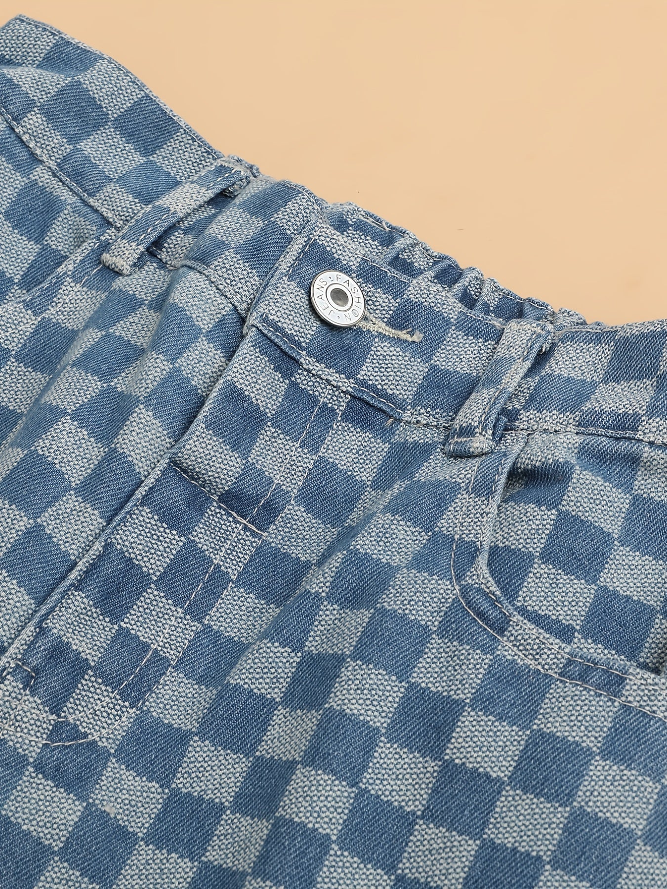 Kid Girls Plaid Elastic High Waist Jeans Straight Wide Leg Loose Denim Pants