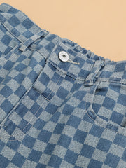 Kid Girls Plaid Elastic High Waist Jeans Straight Wide Leg Loose Denim Pants
