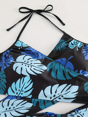 Leaf Print Swimsuit Set V Neck Crop Top & Ruched Panty Two Piece Set