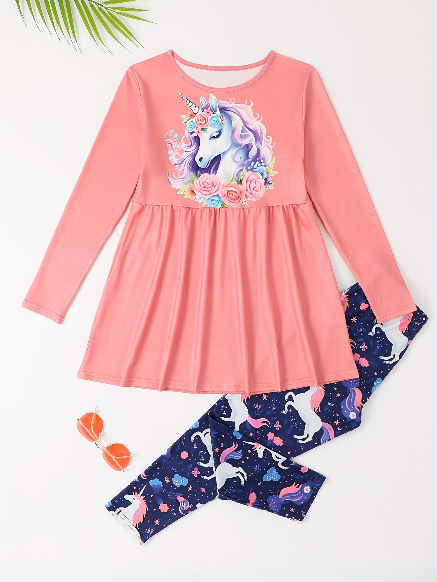 Cartoon Unicorn Print 2pcs Girls Pullover Pants Set