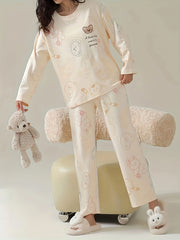 Bear Print Pajama Set Crew Neck Top & Pants Women's Sleepwear