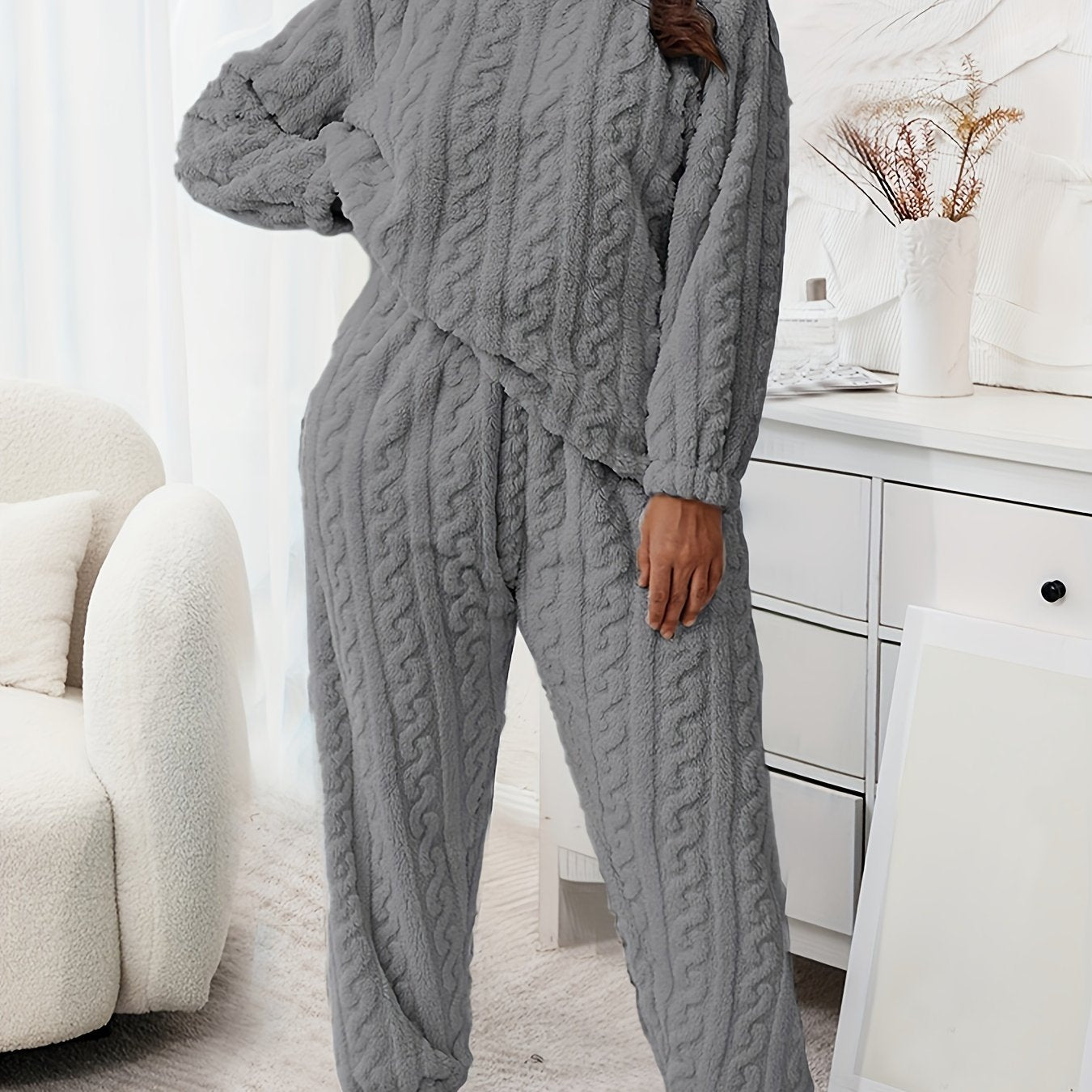 Flannelette Loungewear Set Crew Neck Top & Joggers Pajamas