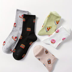 5 Pairs Cartoon Food Print Socks Comfy & Crew Socks Women's Stockings