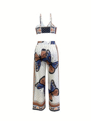 Butterfly Print Set Twist Crop Cami & Wide Leg Pants