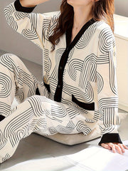 Geometric Print Pajama Set with Long Sleeve Top & Elastic Waistband Pants