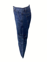 Dark Cargo Pants Flap Pockets Loose Fit Non Stretch Denim Y2K Style
