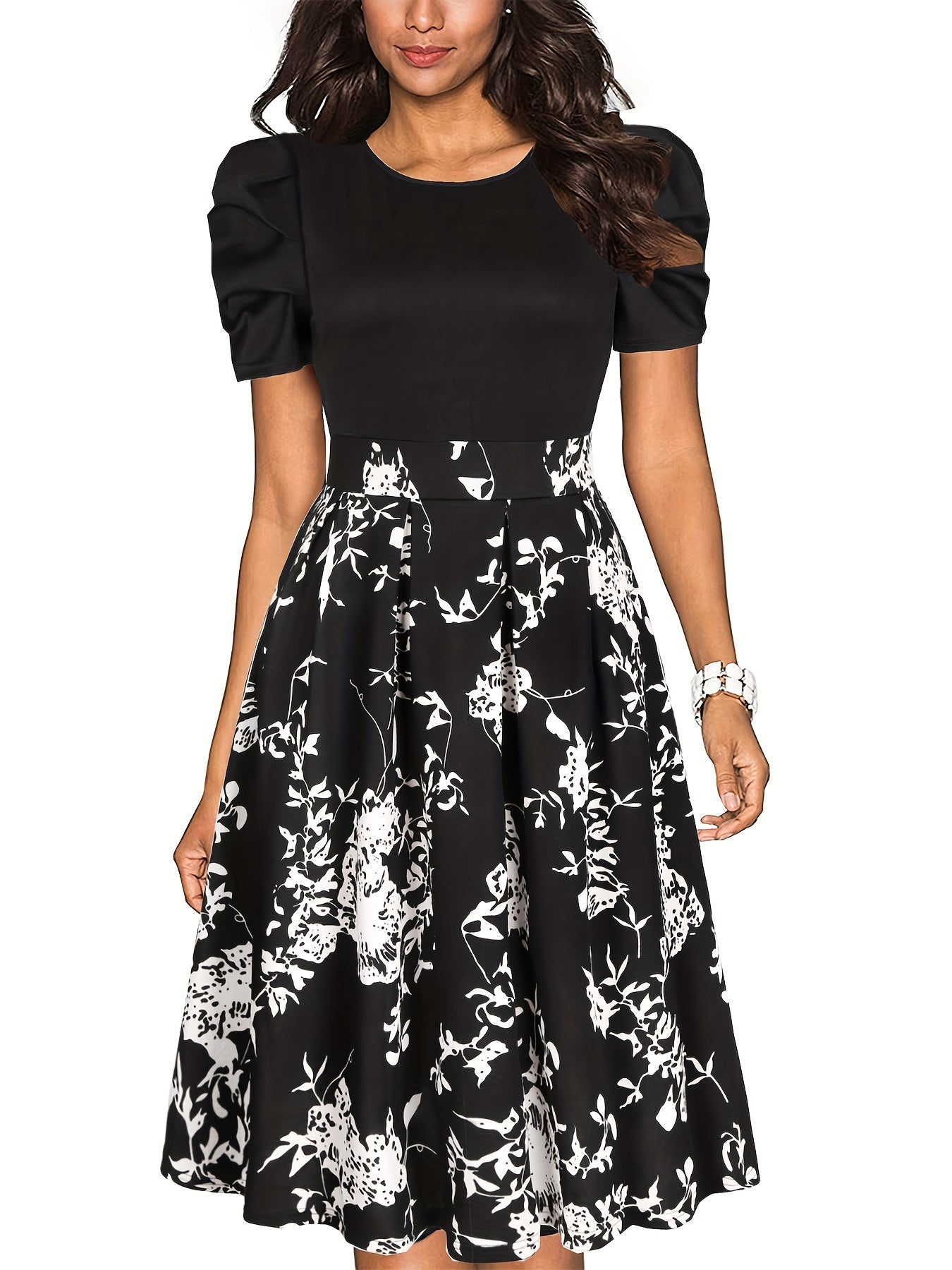 Vintage Floral Crew Neck Dress Short Sleeve Party Dress