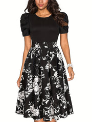 Vintage Floral Crew Neck Dress Short Sleeve Party Dress