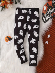 Girls Halloween Ghost Print Legging Pants, Ankle Length
