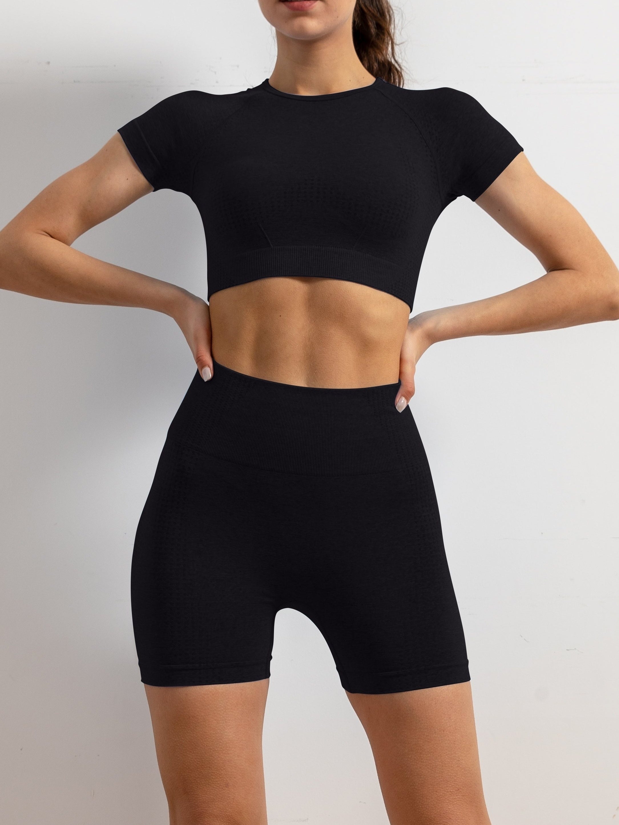 3pcs Solid Workout Yoga Set Racerback Crop Top & High Waist Sports Shorts
