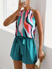 Abstract Ripple Print Sleeveless Top & Solid Wide Leg Shorts Set
