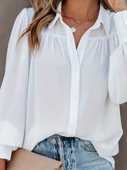 Solid Button Up Lantern Sleeve Blouse