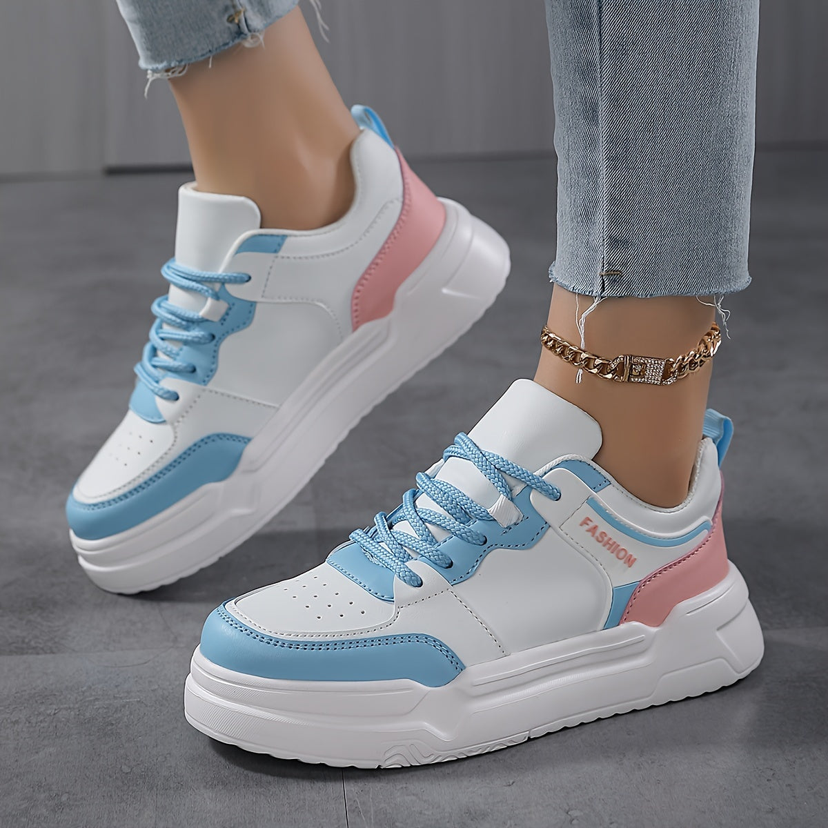 Women's Faux Leather Chunky Sneakers Non Slip Flat Shoes
